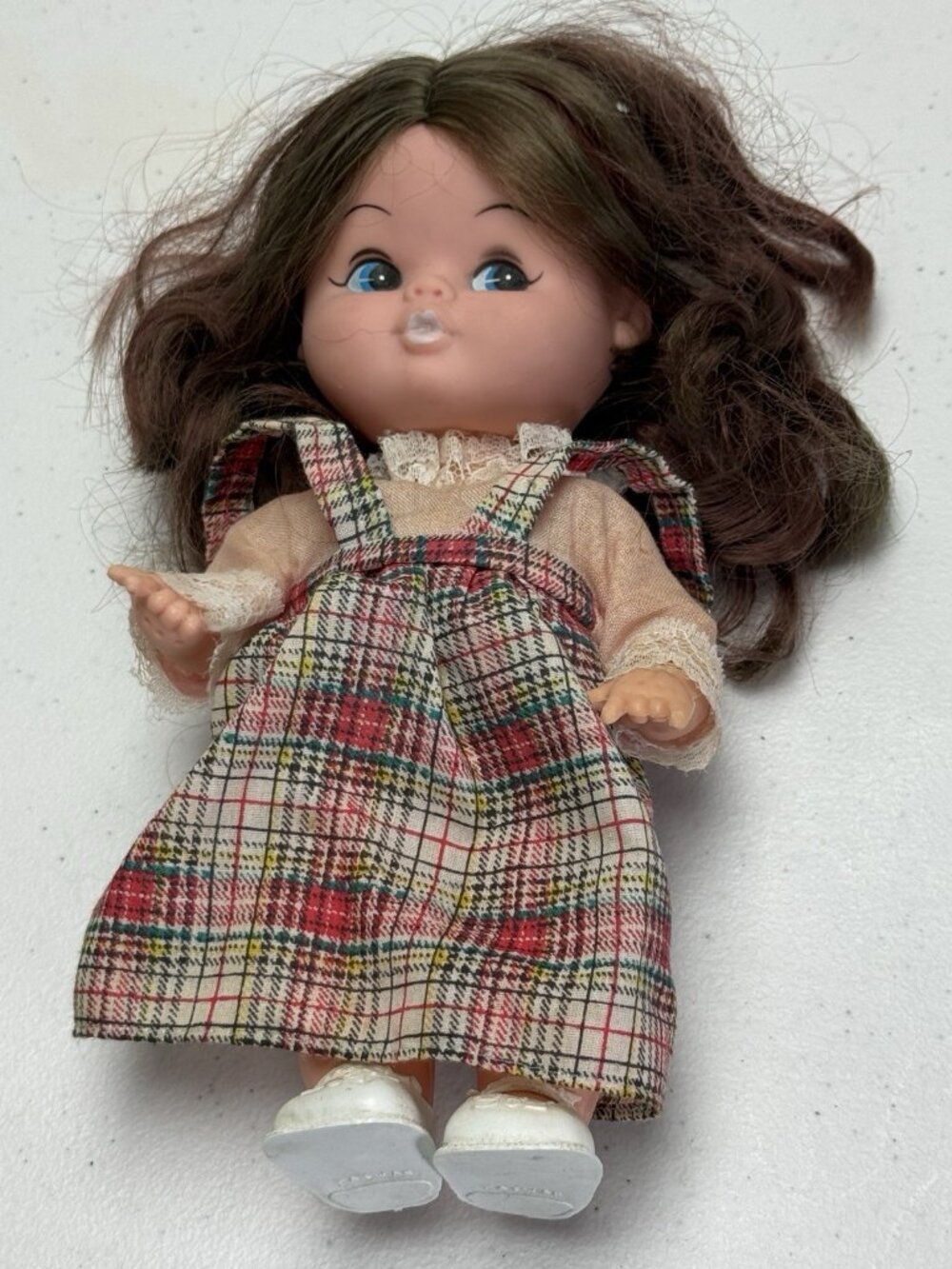 Vintage Doll 9.5" Tall Plaid Dress Made In Taiwan With Removable Shoes